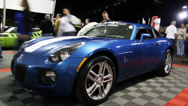 The first and last Pontiac Solstice cars produced at Barrett