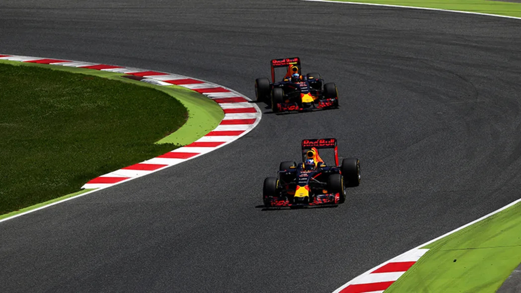  Daniel Ricciardo of Australia drives the Red Bull Racing Red Bull-TAG Heuer RB12 TAG Heuer ahead of Max Verstappen of Netherlands and Red Bull Racing during the Spanish Formula One Grand Prix.