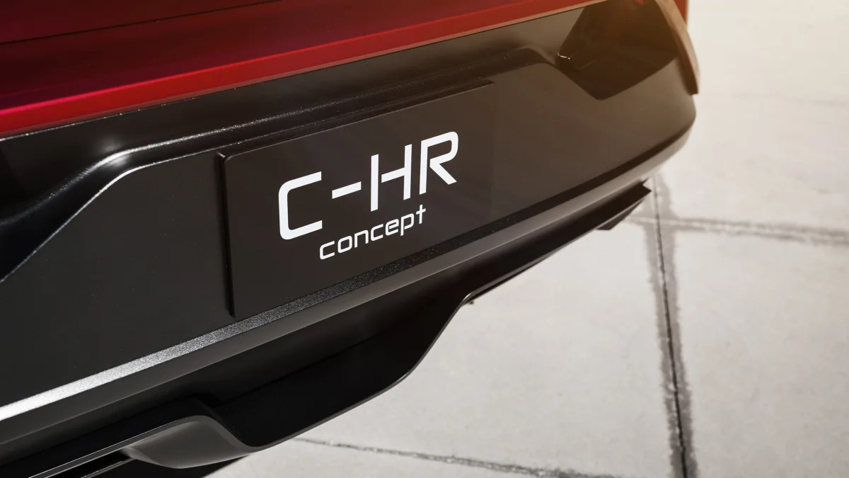 The Scion C-HR concept shown off in red for the LA Auto Show, detail of the rear diffuser area.