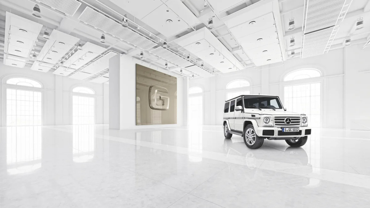 Mercedes-Benz G-Glass exterior with Designer Manufaktur options, in white, front three-quarter.