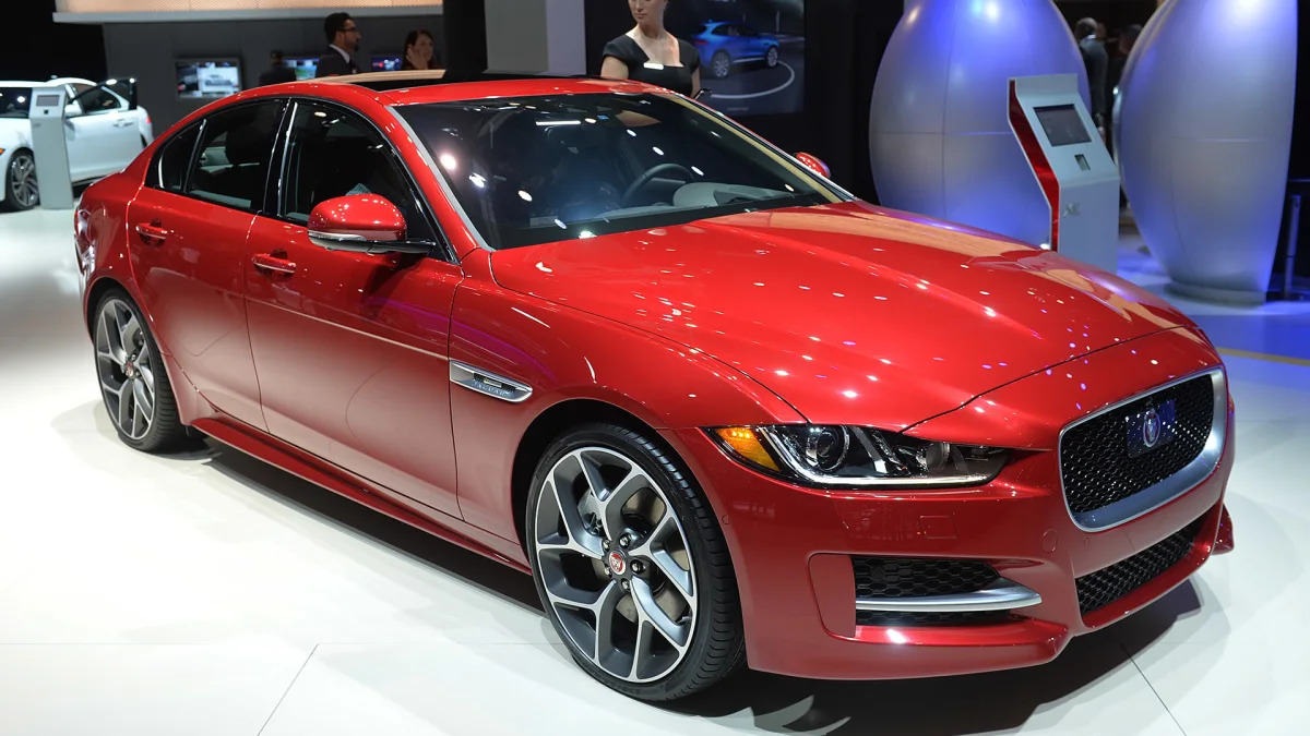 2017 Jaguar XE sedan in red at the 2015 LA Auto Show