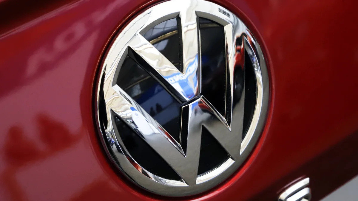 This is the Volkswagen logo on a 2020 Volkswagen Passat automobile at the 2019 Pittsburgh International Auto Show in Pittsburgh Thursday, Feb. 14, 2019. (AP Photo/Gene J. Puskar)