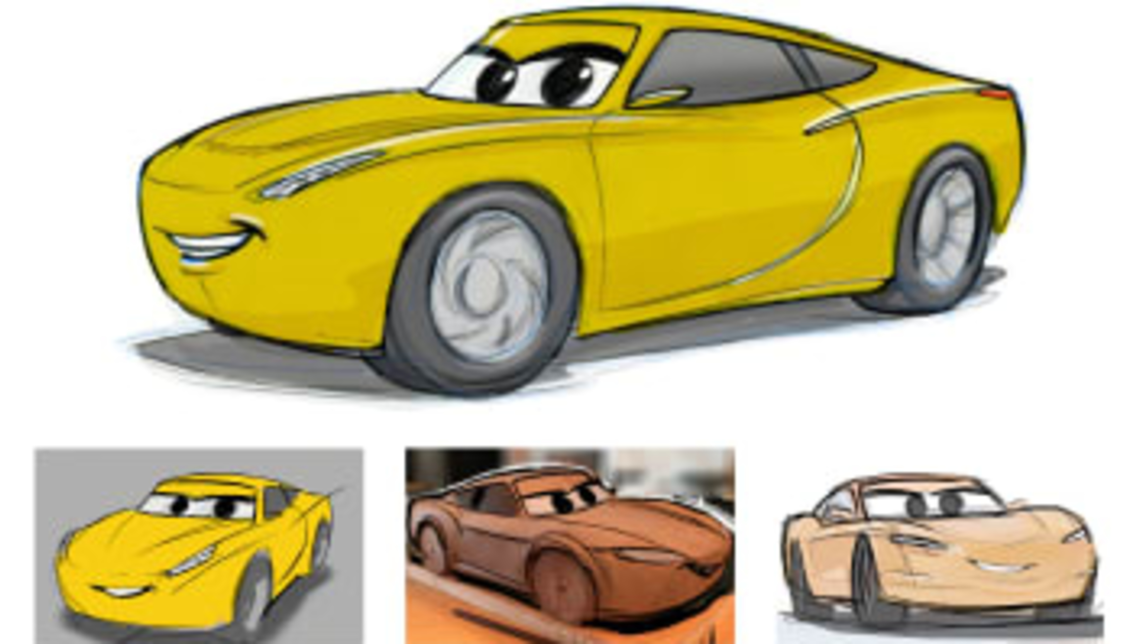 CARS 3 (Pictured) - Cruz Ramirez visual development progression. Design by Bob Pauley, Model by Andrew Schmidt and Sculpt by Jerome Ranft. Â©2017 Disneyâ¢Pixar. All Rights Reserved.