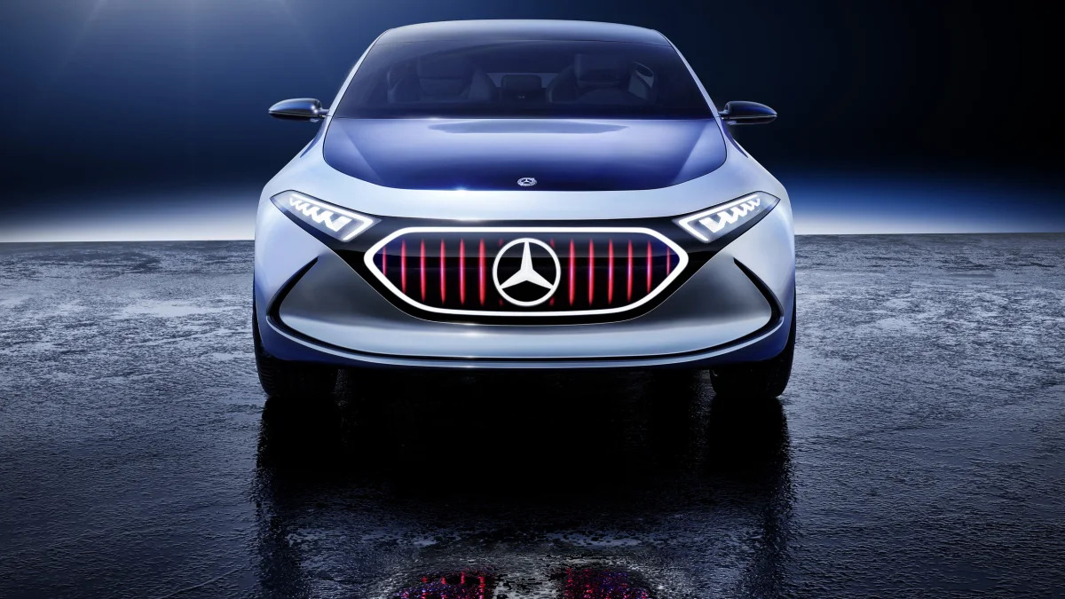 Mercedes Concept EQA revealed at the 2017 Frankfurt Motor Show, static front shot with Panamerica grille graphic.