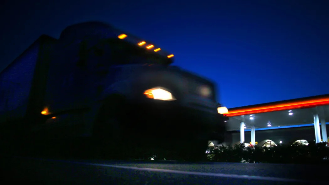 A truck pulls into the Pilot Flying J truck stop in North Stonington, CT on July 21, 2020.
