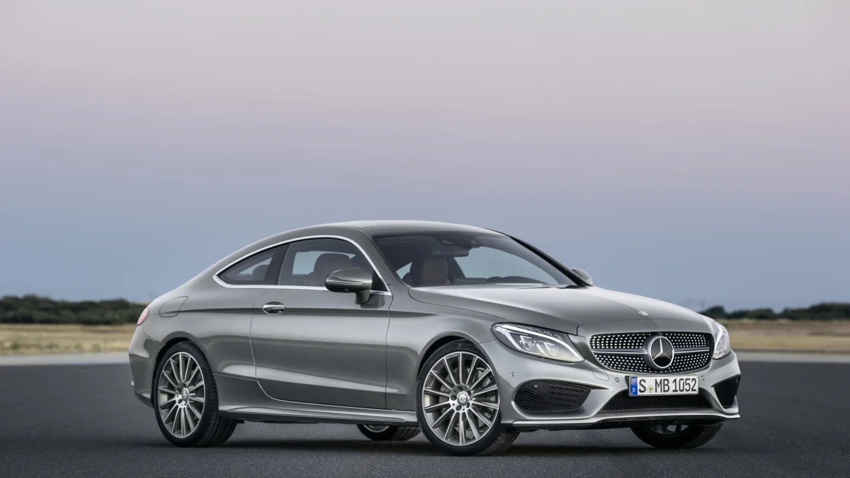 The 2016 Mercedes C-Class Coupe, front three-quarter silver.