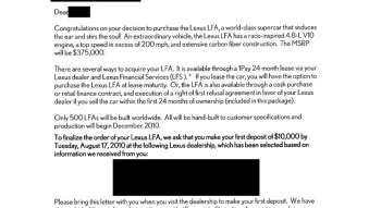 Lexus LFA Purchasing Letter