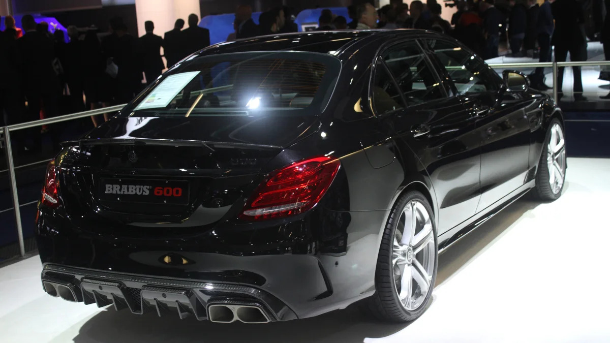 A second variant of the Brabus 600, this one based on the Mercedes-AMG C63 S, is shown off at the 2015 Frankfurt Motor Show, rear three-quarter view.
