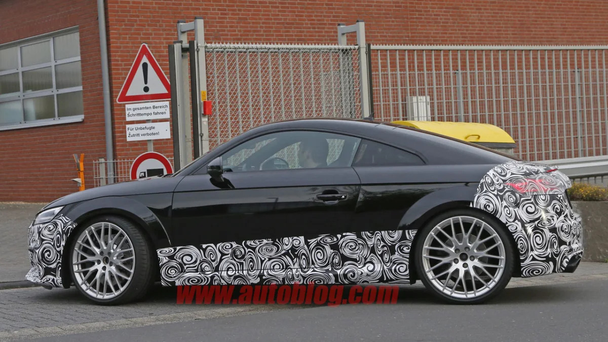 camouflaged audi tt rs spy shot front, side sills, and rear