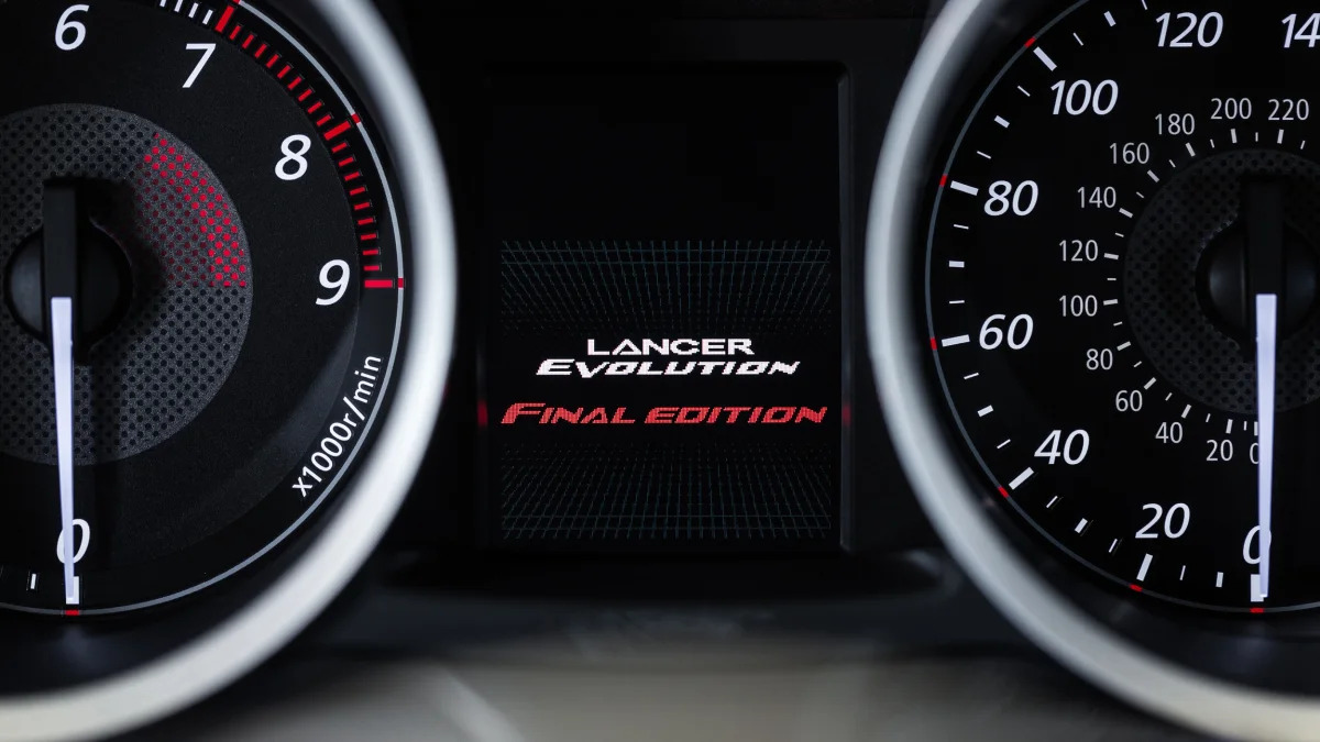 The 2015 Mitsubishi Lancer Evolution Final Edition, gauge cluster.