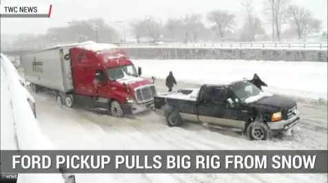 <h6><u>Ford pickup tows semi trucks out of snow bank during snowstorm</u></h6>