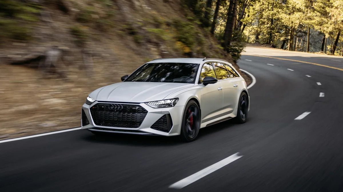 2024 Audi RS 6 Avant in Dew Silver action front three quarter high