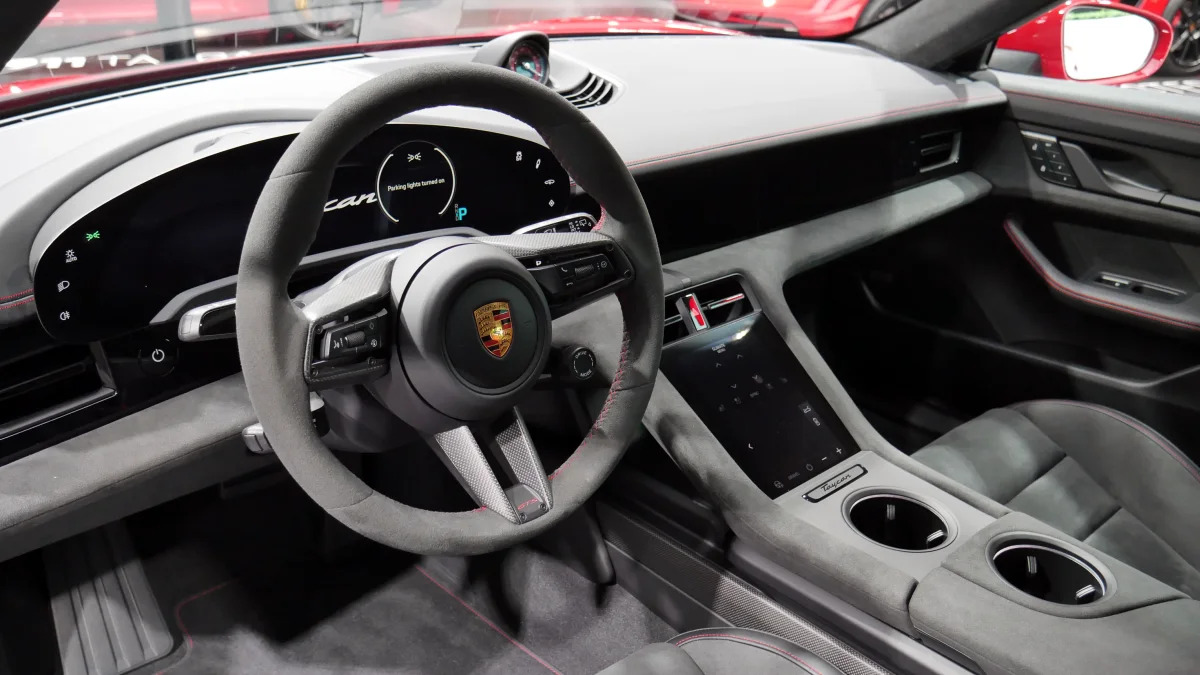 2022 Porsche Taycan GTS Sport Turismo interior at auto show