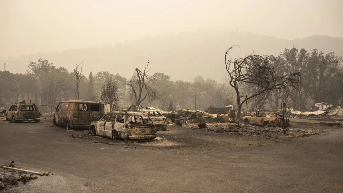 ASHLAND, OR - SEPTEMBER 11: The remnants of a mobile home park that was destroyed by wildfire are seen on September 11, 2020 in Ashland, Oregon. Hundreds of homes in Ashland and nearby towns have been lost due to wildfire. (Photo by David Ryder/Getty Images)