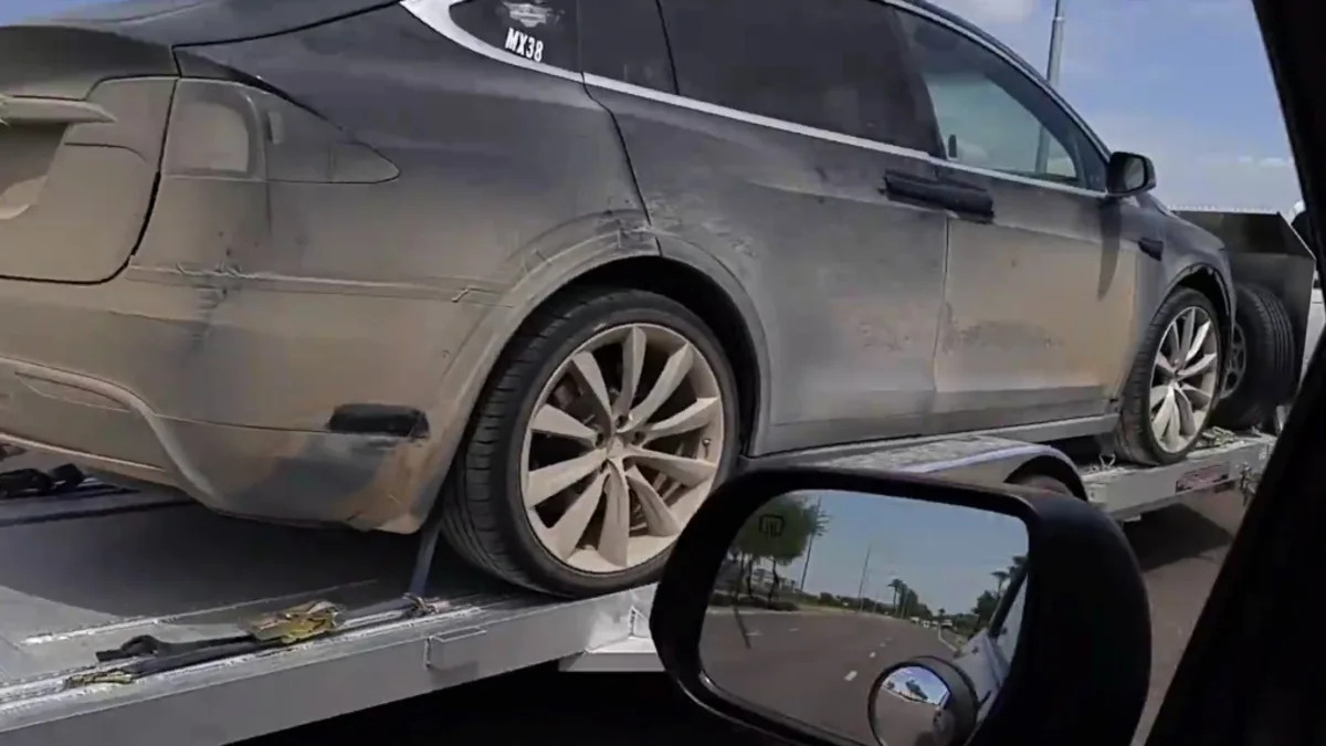 A Tesla Model X on a trailer in Arizona after some offroad testing.