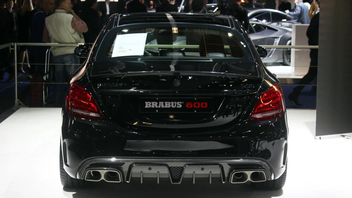 A second variant of the Brabus 600, this one based on the Mercedes-AMG C63 S, is shown off at the 2015 Frankfurt Motor Show, rear view.