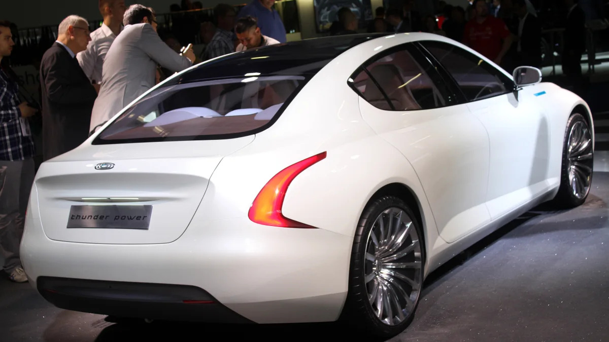 The Thunder Power electric sedan showed off for the first time at the 2015 Frankfurt Motor Show, rear three-quarter view.