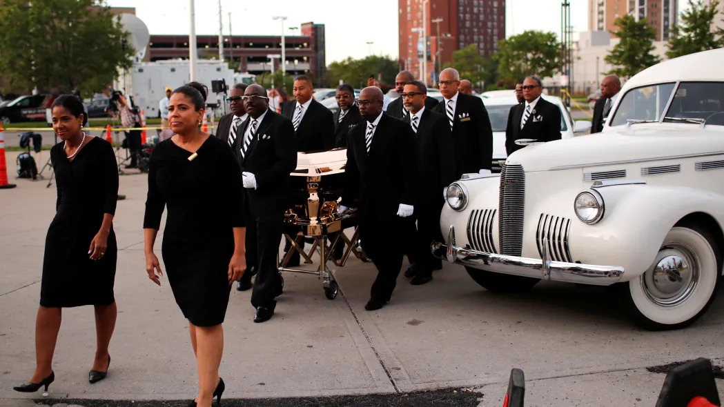The casket carrying the late singer Aretha Franklin arrives at the Charles H. Wright Museum of African American History for the second day of a public viewing in Detroit, Michigan, U.S., August 29, 2018. REUTERS/Mike Segar