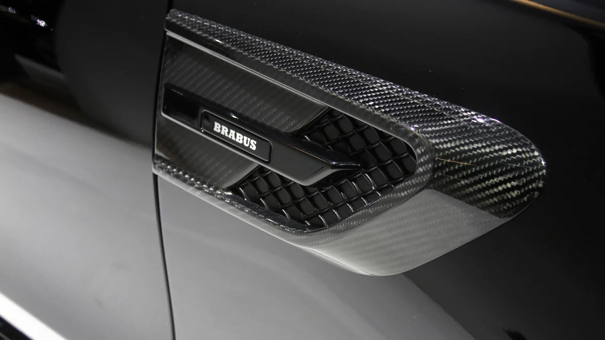 A second variant of the Brabus 600, this one based on the Mercedes-AMG C63 S, is shown off at the 2015 Frankfurt Motor Show, detail of the side intake.