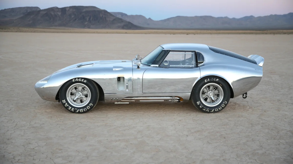 The aluminum Shelby American Continuation Daytona Coupe, side view.