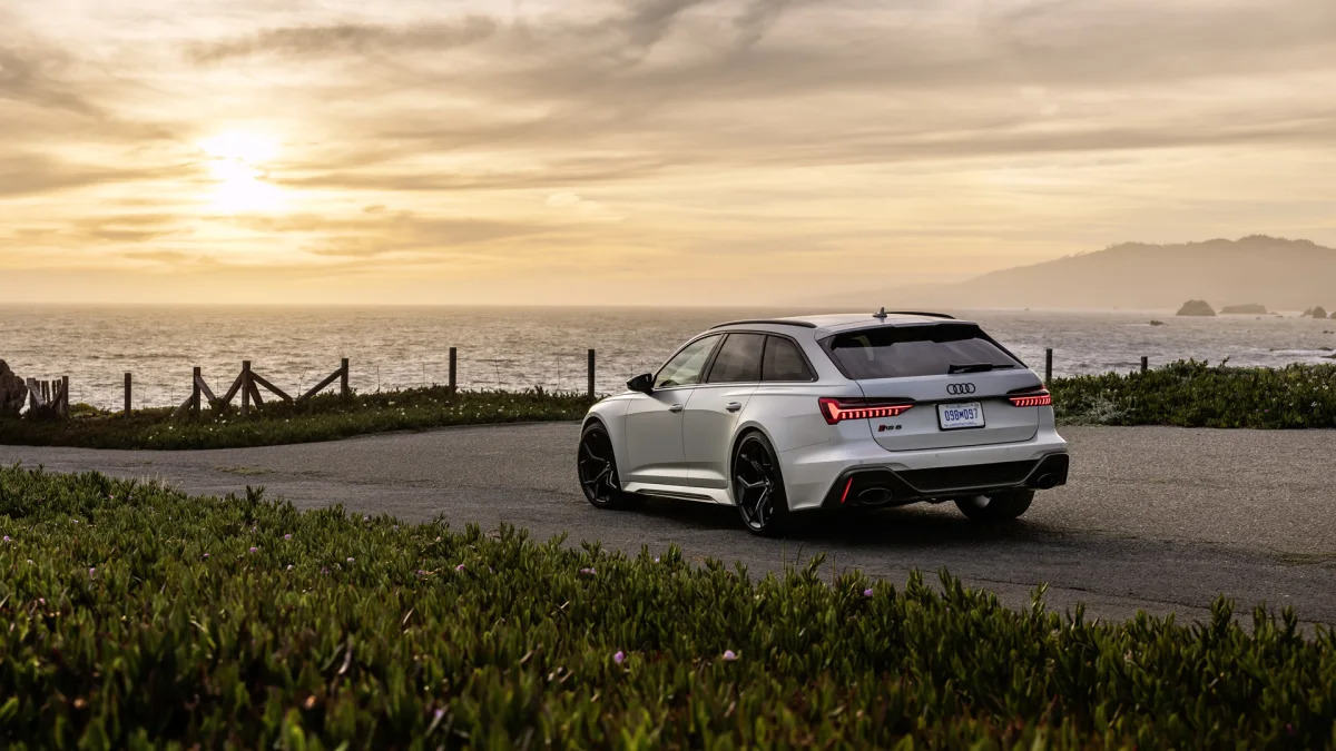 2024 Audi RS 6 Avant in Dew Silver at sunset rear