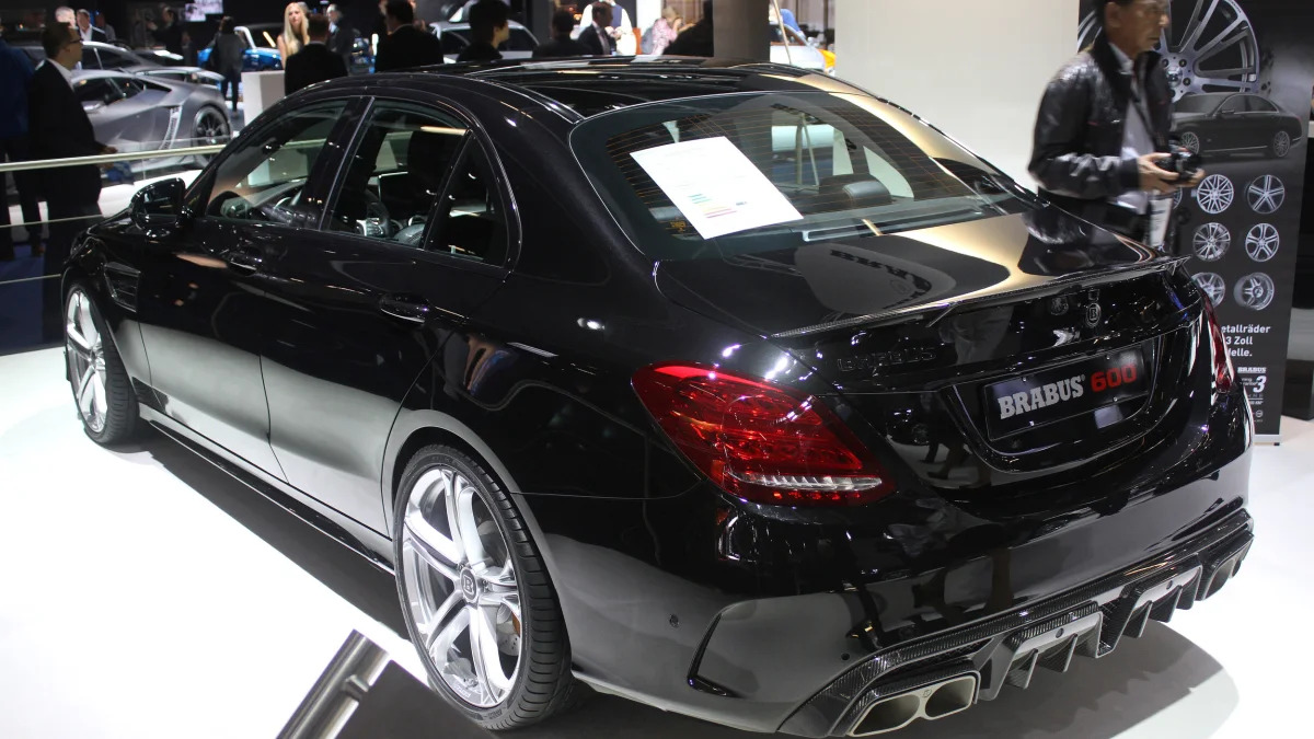 A second variant of the Brabus 600, this one based on the Mercedes-AMG C63 S, is shown off at the 2015 Frankfurt Motor Show, rear three-quarter view.