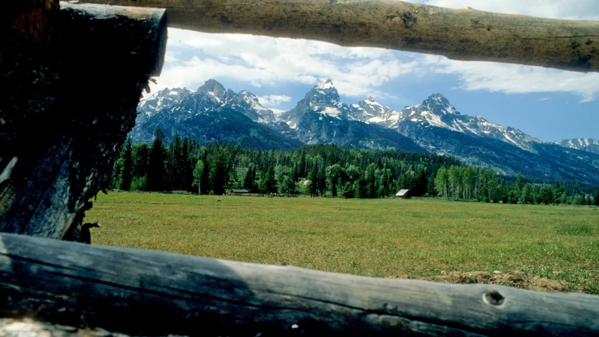 Grand Teton National Park USA America Wyoming Jackson Hole fence rail mountain peak snow tall high meadow field