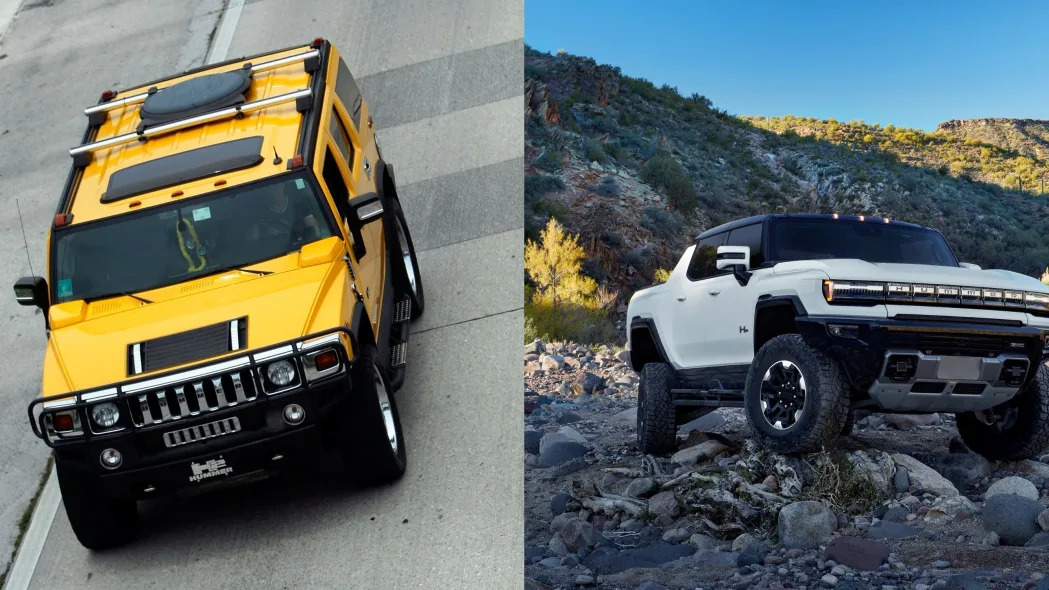 A Hummer H2 and the 2023 Hummer EV pickup truck