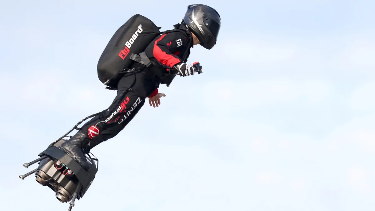 French inventor Franky Zapata takes off on a Flyboard for a second attempt to cross the English channel from Sangatte to Dover, in Sangatte