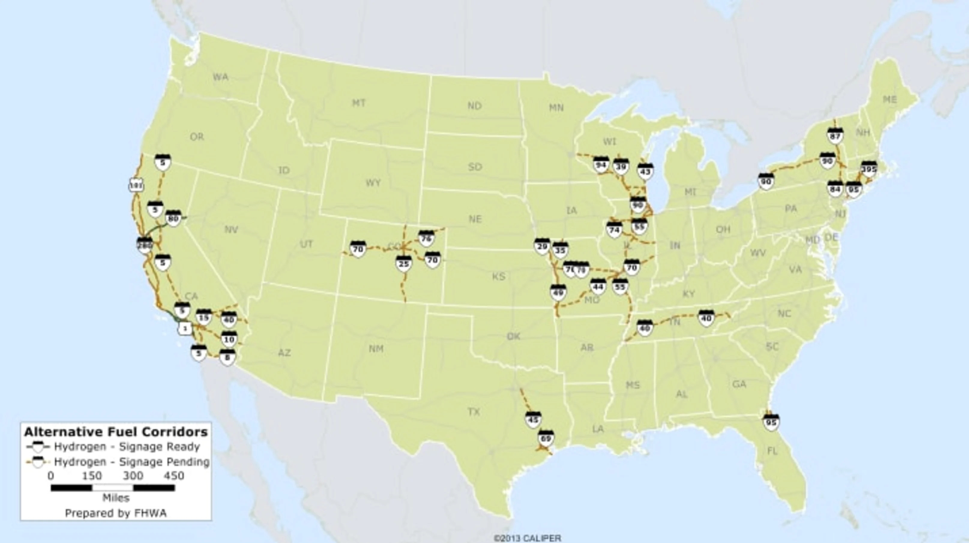 Federal Highway Administration's map of the future hydrogen station network.