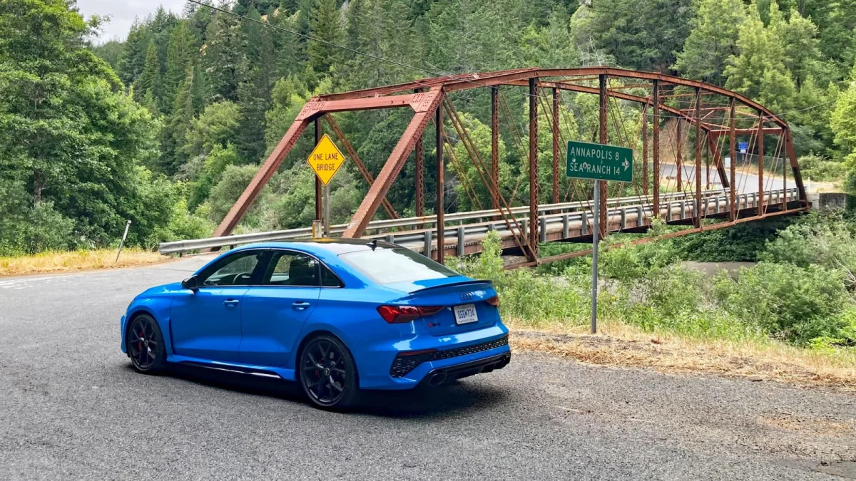 2023 Audi RS 3 and a bridge off Skaggs Mountain Road