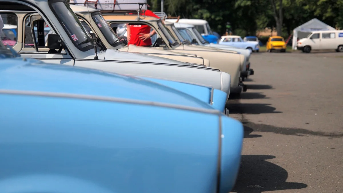 Front ends of Trabis lined up at the 2015 Trabant Fest in Zwickau, Germany