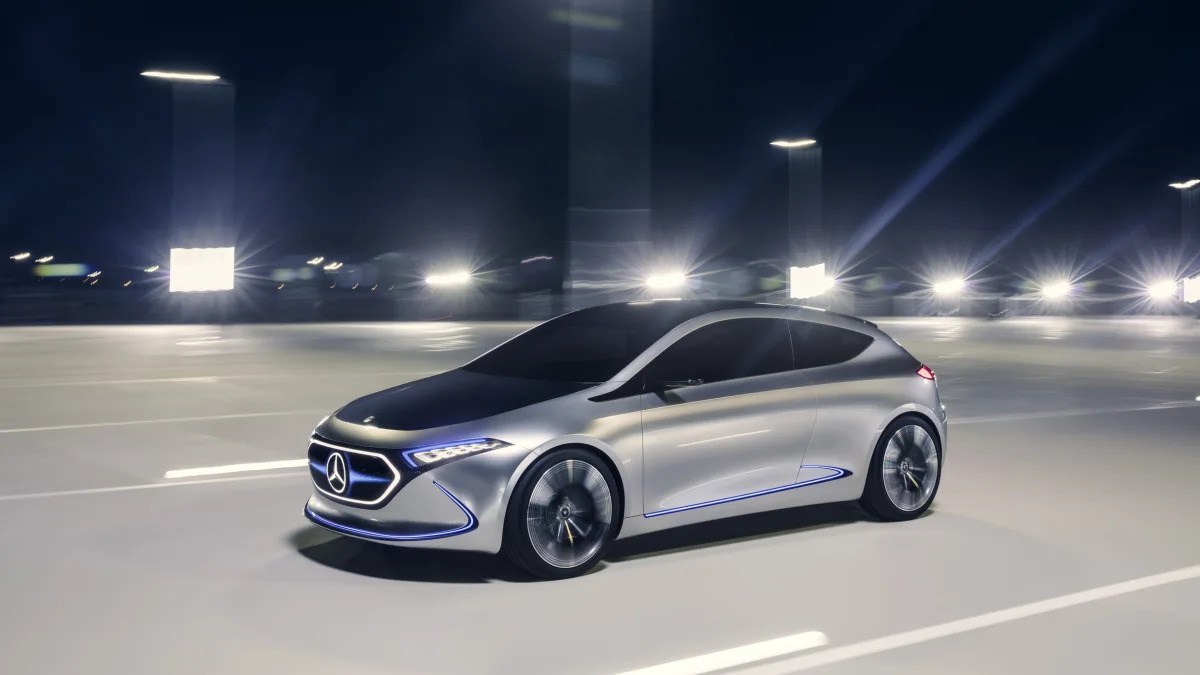Mercedes Concept EQA revealed at the 2017 Frankfurt Motor Show, dynamic front three-quarter.