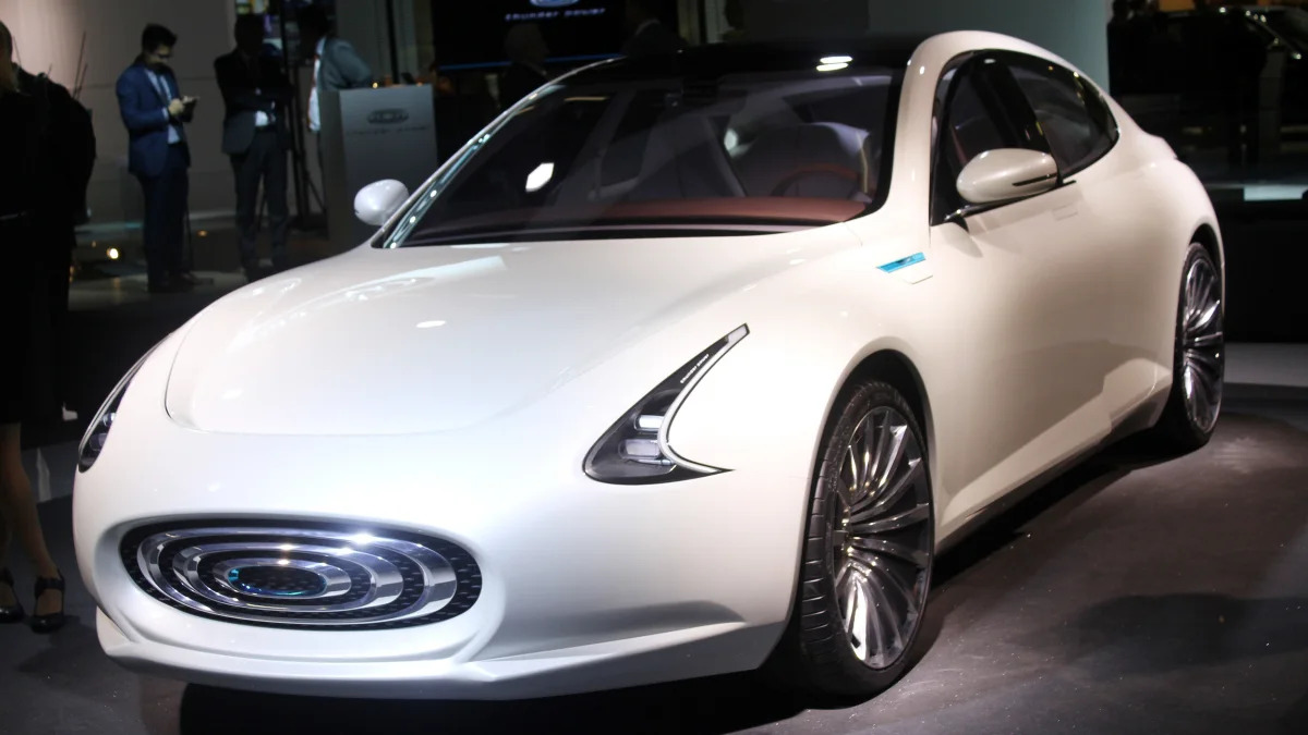 The Thunder Power electric sedan showed off for the first time at the 2015 Frankfurt Motor Show, front thee-quarter view.