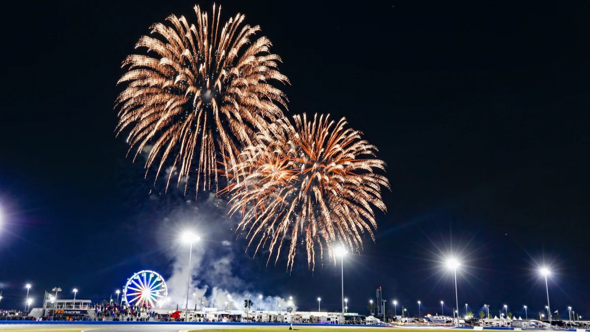 DAYTONA, FL - JANUARY 29: Fireworks during the Rolex 24 at Daytona on January 29, 2022 at Daytona International Speedway in Daytona Beach, Fl. (Photo by David Rosenblum/Icon Sportswire via Getty Images)