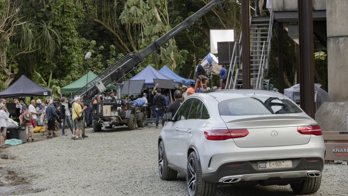 mercedes gle-class coupe shooting on set of jurassic world