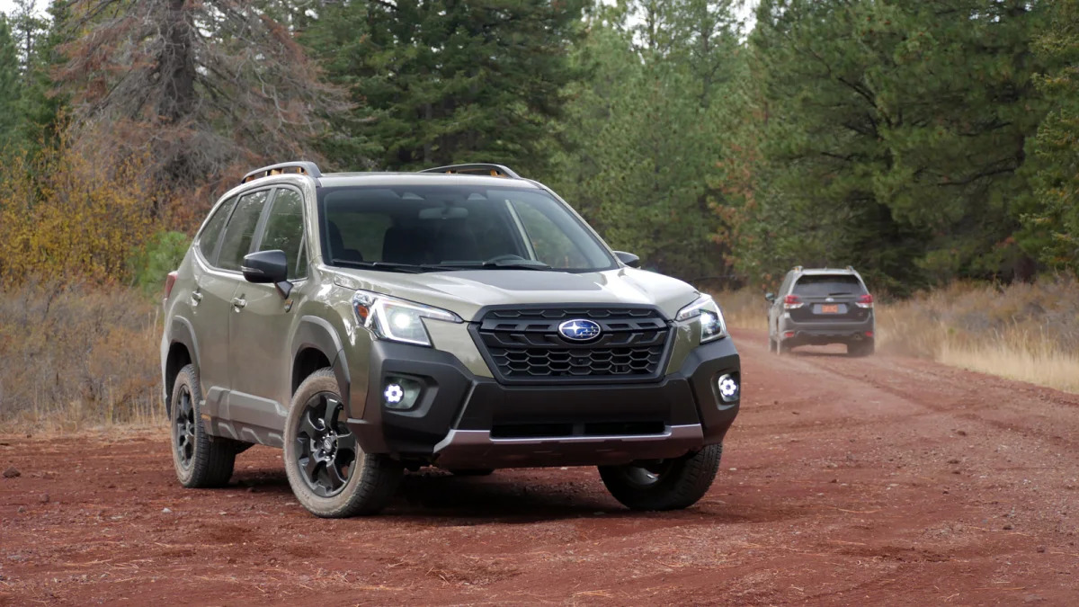 2022 Subaru Forester Wilderness front with black Forester rear