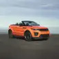 The 2017 Range Rover Evoque Convertible, front three-quarter low, top down.