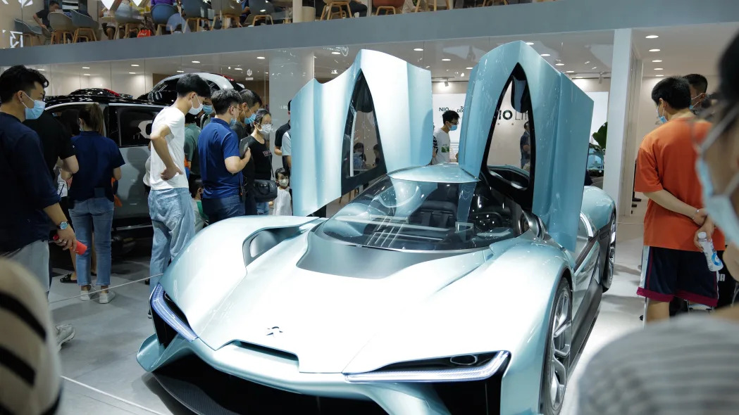 A NIO EP9 electric vehicle is on display during Guangdong-Hong Kong-Macao Greater Bay Area International Auto Show 2021 at Shenzhen Convention and Exhibition Center on July 17, 2021 in Shenzhen, Guangdong Province of China.