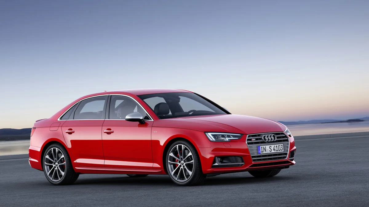 red 2017 audi s4 front three quarters outside