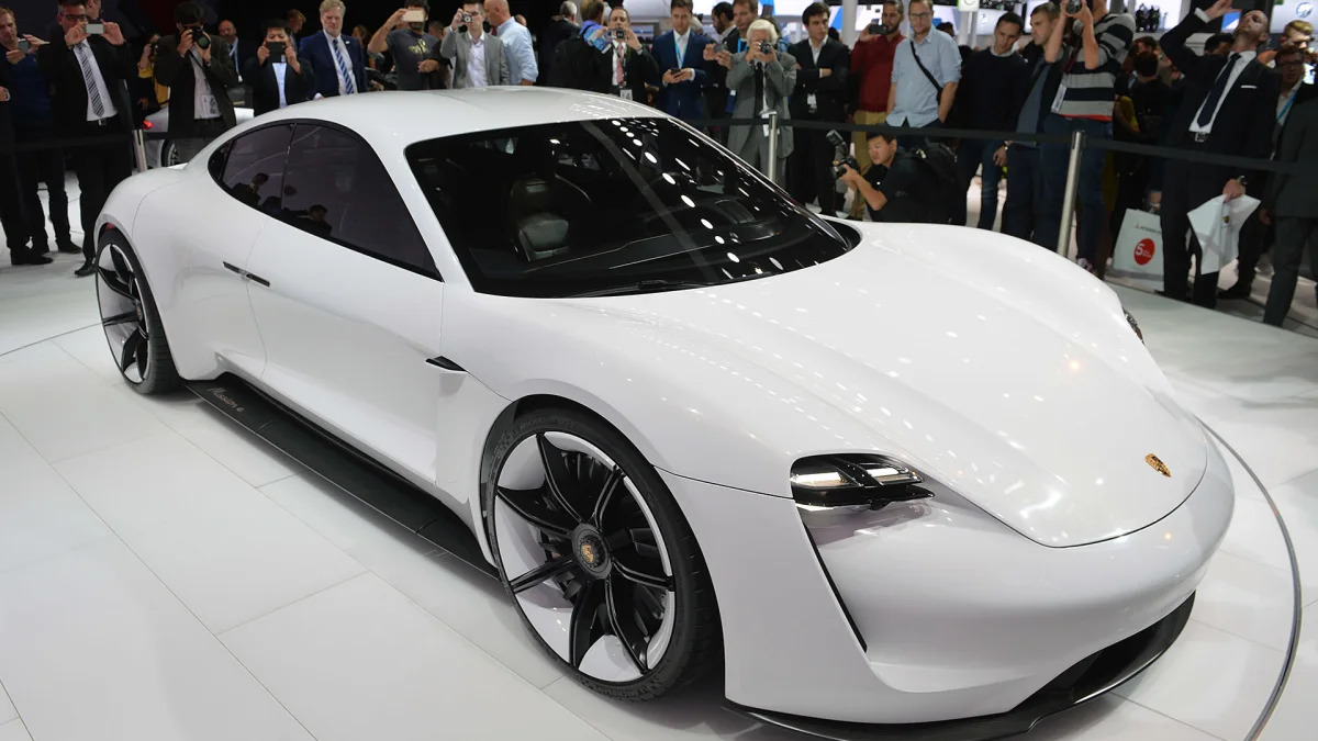 The Porsche Mission E concept, showed off at the 2015 Frankfurt Motor Show, front three-quarter view.