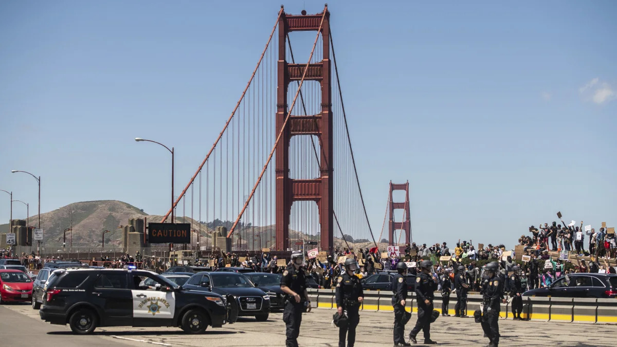 SAN FRANCISCO, CA- JUNE 6: Protestors demonstrate near the entrance to the Golden Gate Bridge in San Francisco, California on June 6, 2020 after the death of George Floyd. Credit: Chris Tuite/ImageSPACE/MediaPunch /IPX