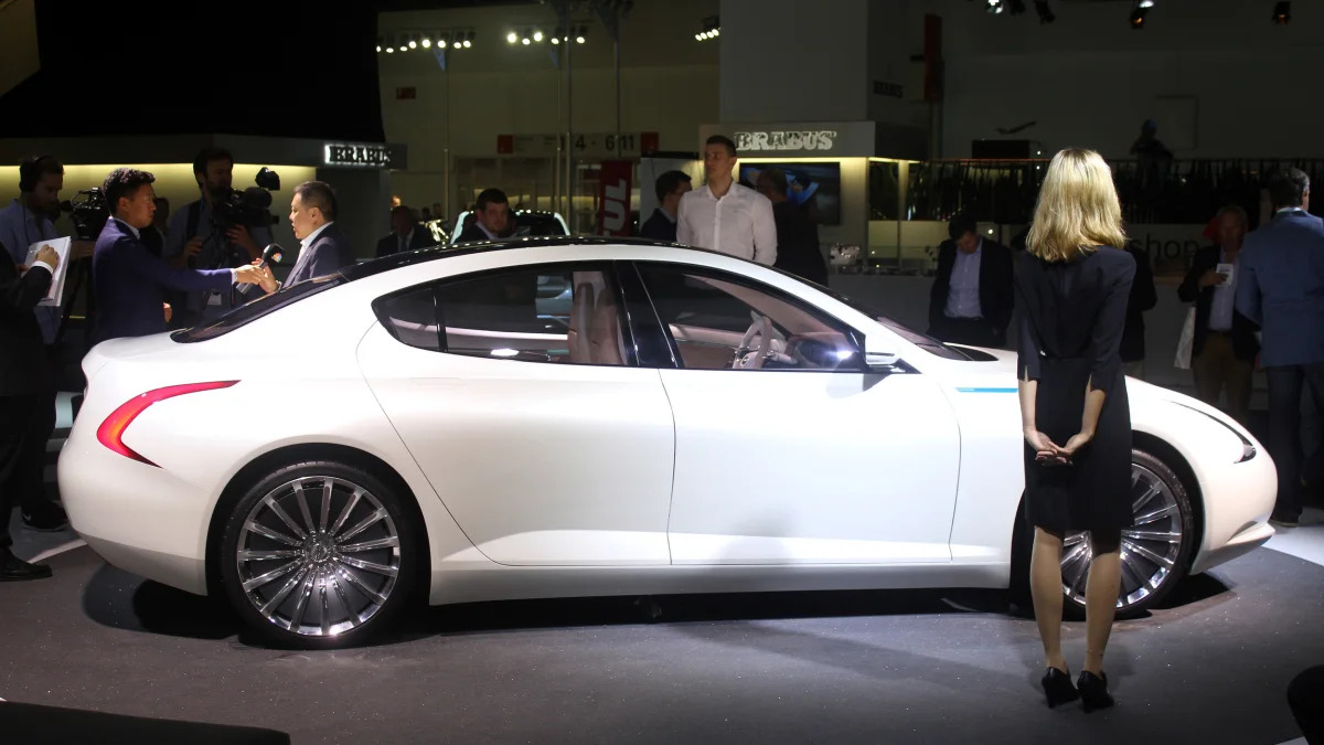The Thunder Power electric sedan showed off for the first time at the 2015 Frankfurt Motor Show, side view.