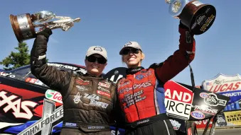 Erica Enders and Courtney Force celebrate NHRA wins