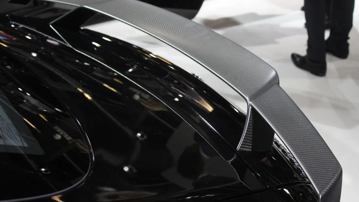 The Brabus 600, a tuned Mercedes-AMG GT S, at the Frankfurt Motor Show, rear wing detail.