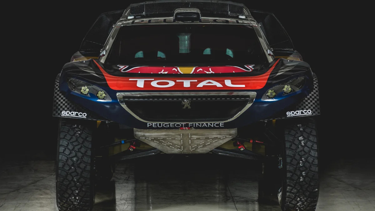 The Peugeot 2008 DKR for the 2016 Dakar Rally, front view.