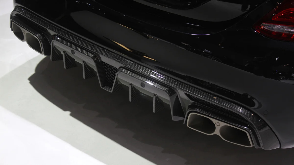 A second variant of the Brabus 600, this one based on the Mercedes-AMG C63 S, is shown off at the 2015 Frankfurt Motor Show, rear diffuser detail.