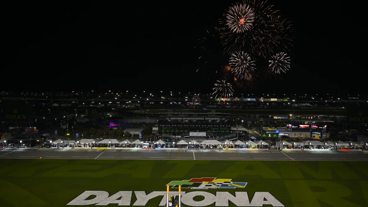 DAYTONA, FL - JANUARY 29: The fireworks display over the track during the IMSA Rolex 24 on January 29, 2022 at Daytona International Speedway Road Course in Daytona, FL. (Photo by Gavin Baker/Icon Sportswire via Getty Images)