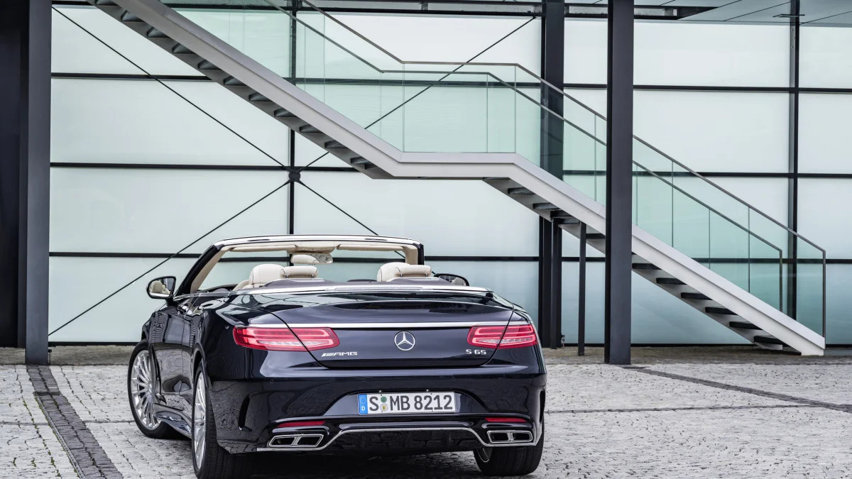 Mercedes-AMG S65 Cabriolet roof down rear 3/4