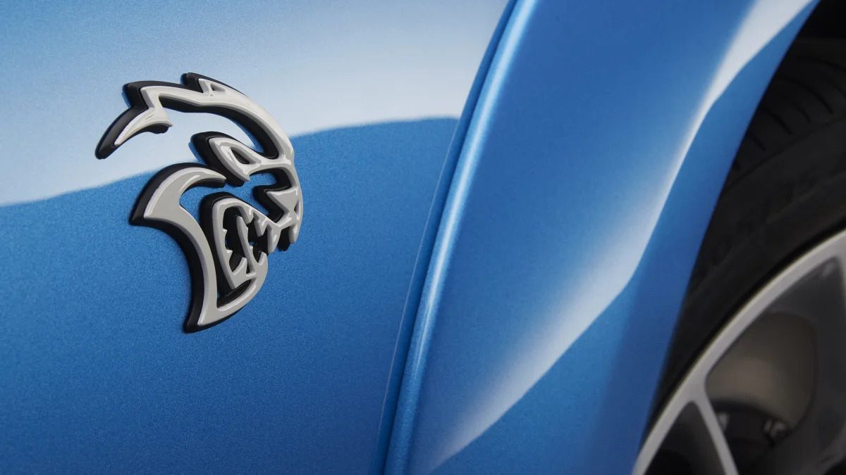 The Hellcat badge on the 2020 Dodge Charger SRT Hellcat Widebod